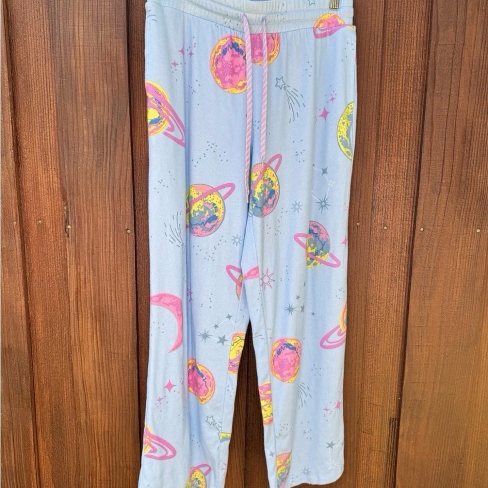 Light Blue Planet-Print Lounge Pants with Pink Drawstring